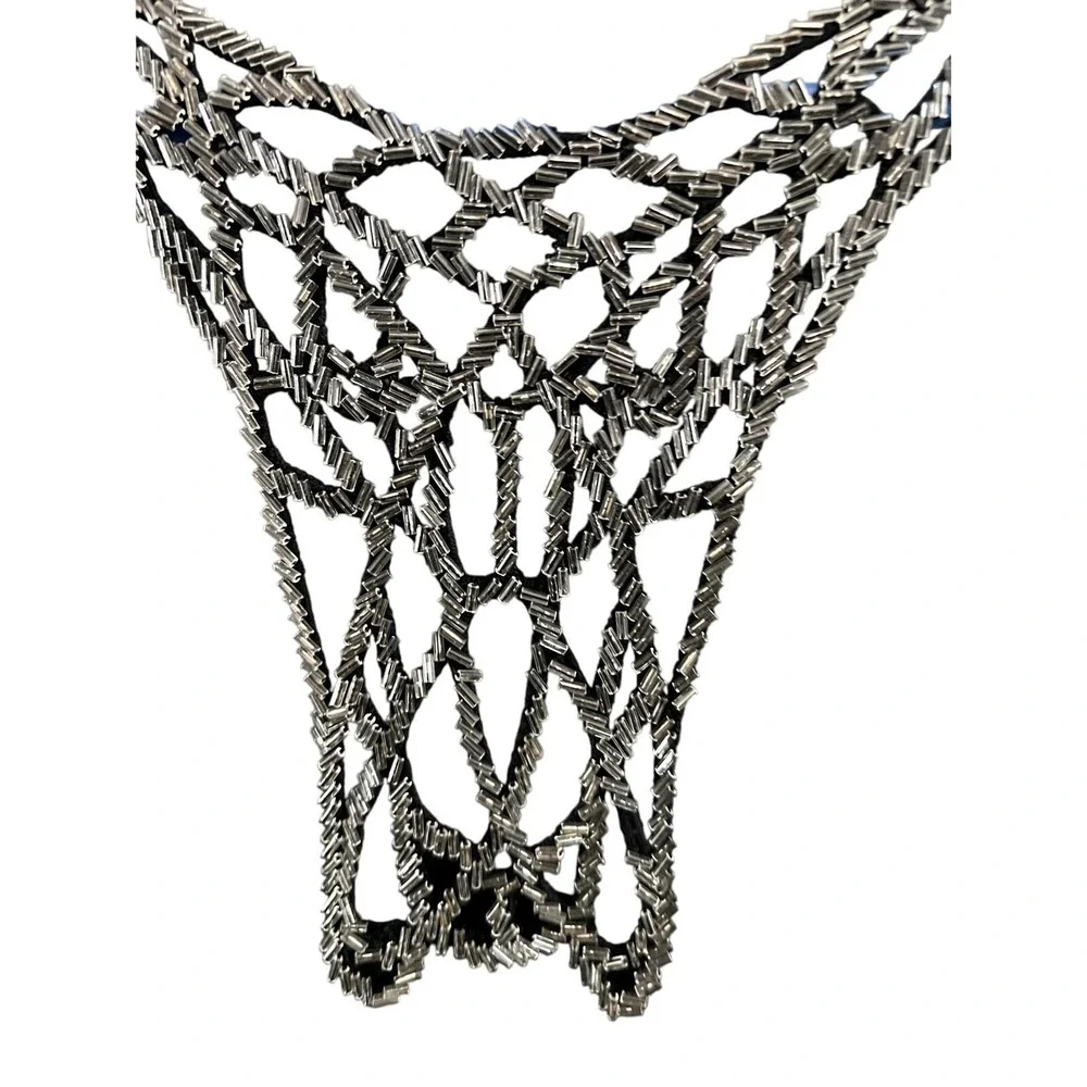 Express Black Beaded Macrame Racerback Tank Top Womens Small Silver Embellished - Picture 3 of 4